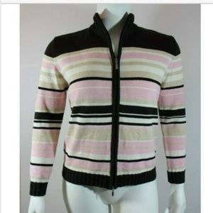 Script Zip Up Cardigan Sz XL Pink Brown Stripe